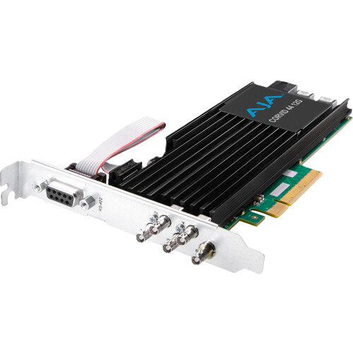 An AVA 12Gbps 4-port NVMe PCIe solid-state drive enclosure, featuring a black finned heatsink, silver metal bracket with a VGA connector and four BNC connectors, and a gold PCIe slot connector, shown on a white background.