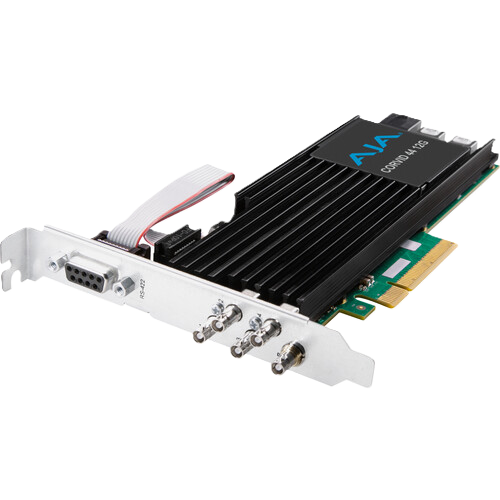An AVA 12Gbps 4-port NVMe PCIe solid-state drive enclosure, featuring a black finned heatsink, silver metal bracket with a VGA connector and four BNC connectors, and a gold PCIe slot connector, shown on a white background.