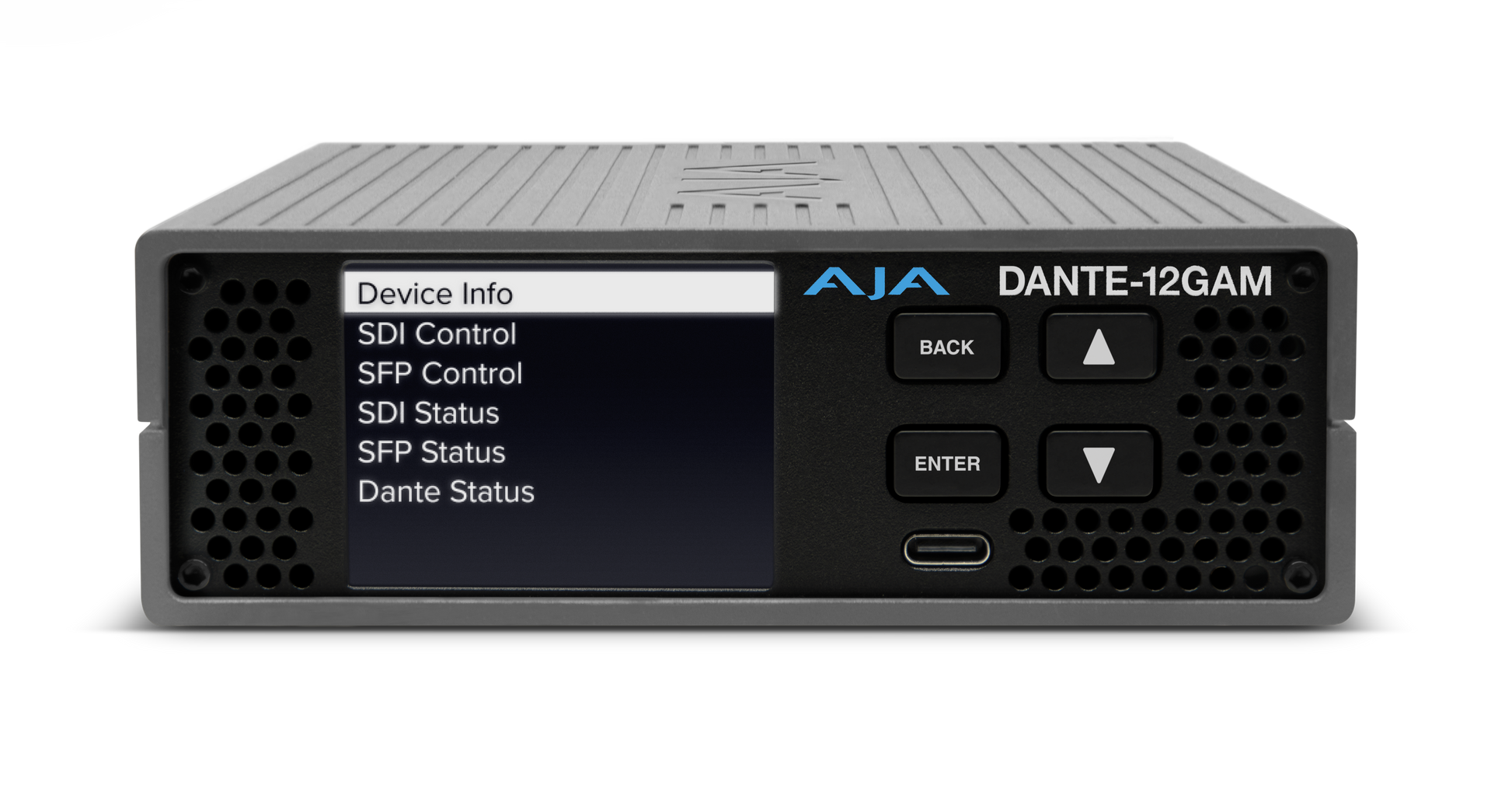 AJA 12G 32-Ch Dante Embedder/Disembedder no SFP Front