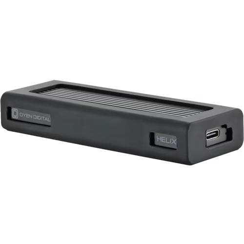 Black external hard drive enclosure with Oyen Digital branding on a white background