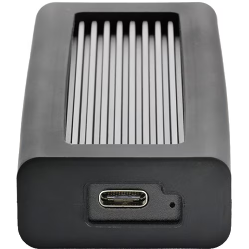 Black electronic device with a USB port on a white background