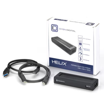 Oyen Digital Helix portable solid-state storage device with packaging and cable on a white background