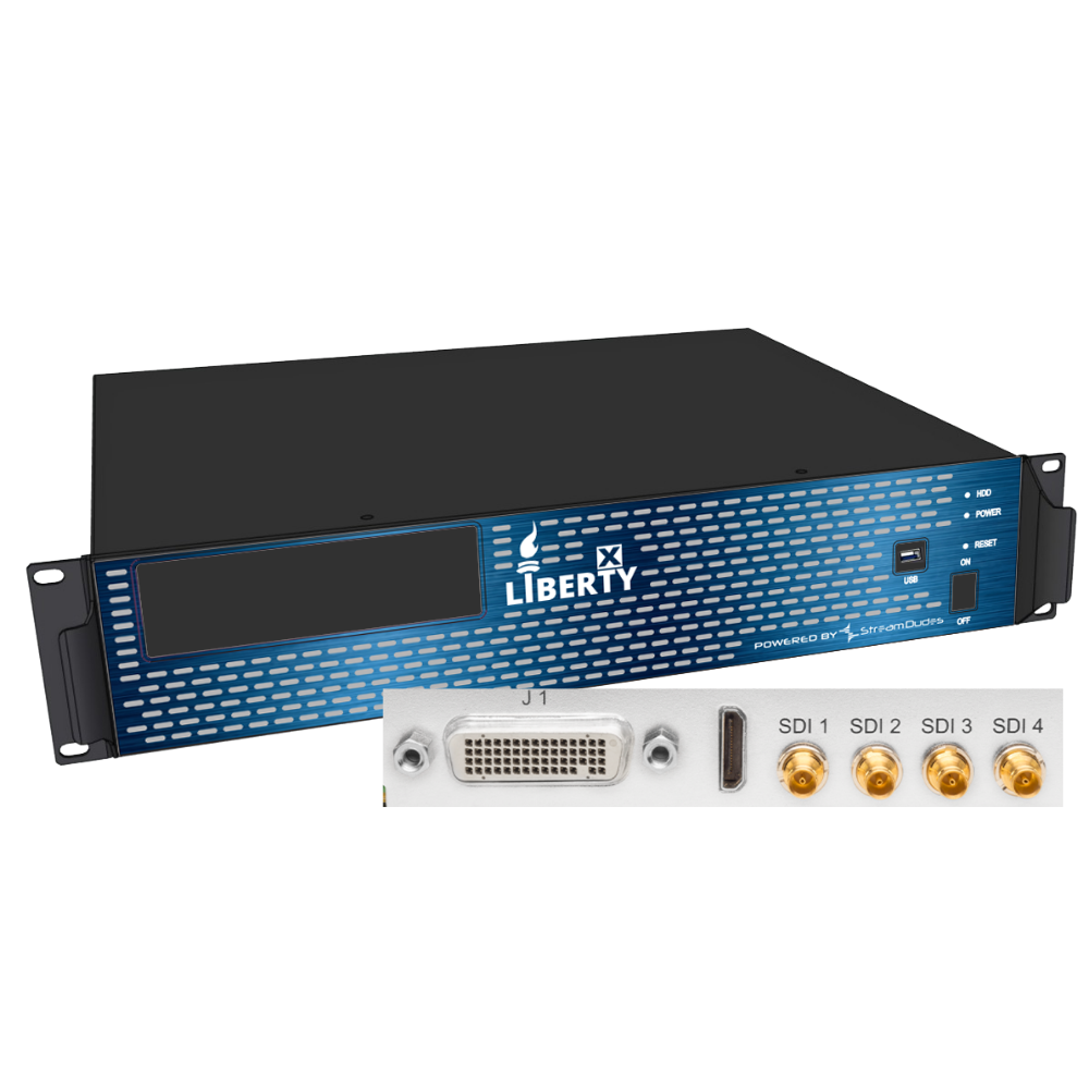 Liberty 4K HDMI 4Kx2 4-port SDI switch and receiver unit, featuring a black chassis with a blue front panel and a white SDI input card shown in front.