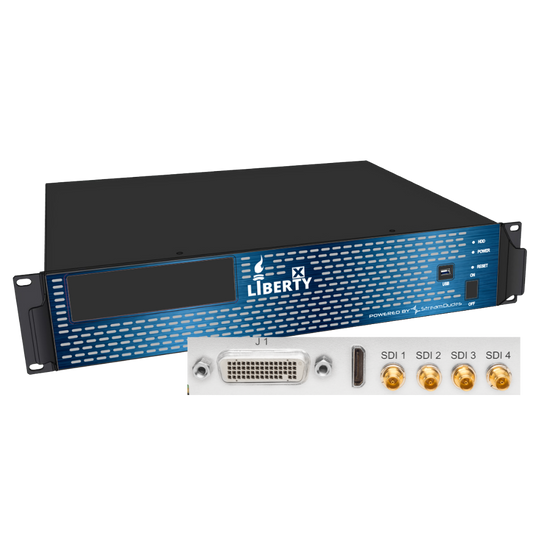 Liberty 4K HDMI 4Kx2 4-port SDI switch and receiver unit, featuring a black chassis with a blue front panel and a white SDI input card shown in front.