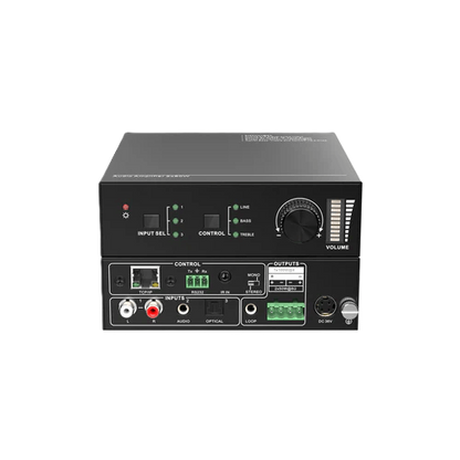 Back view of an audio equipment amplifier with various control knobs and ports on a white background