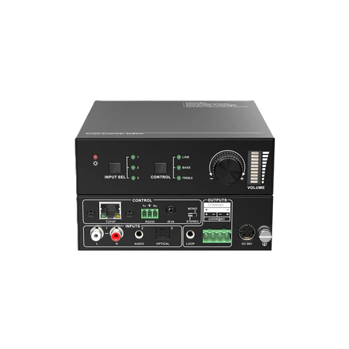 Back view of an audio equipment amplifier with various control knobs and ports on a white background