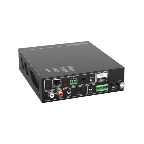 Black electronic device with various ports and labels on a white background