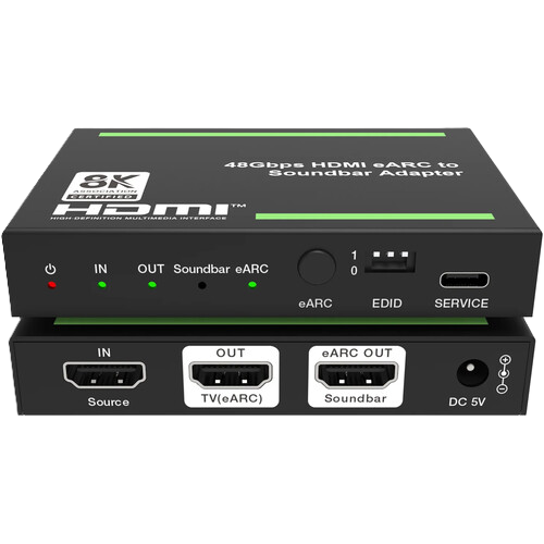 HDMI eARC to soundbar adapter with labeled ports on a white background