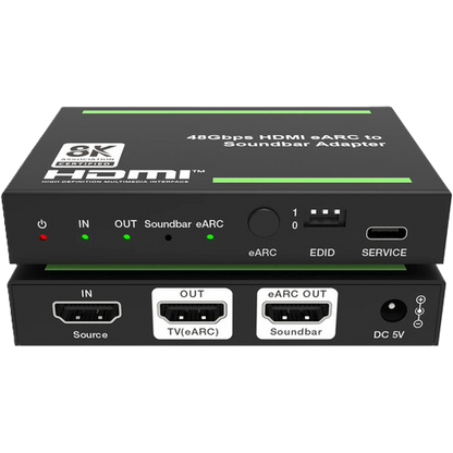 HDMI eARC to soundbar adapter with labeled ports on a white background