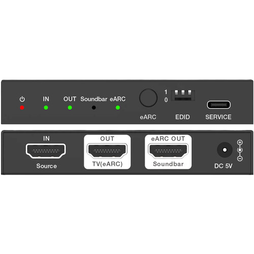 HDMI switcher with various ports and labels on a white background