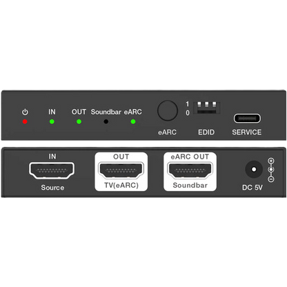 HDMI switcher with various ports and labels on a white background