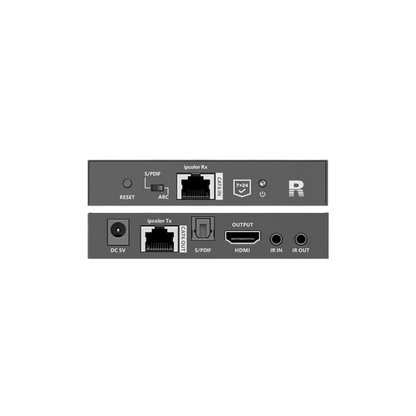 Back view of a network device with various ports on a white background
