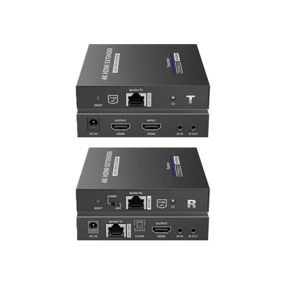 Two black 4K HDMI extenders on a white background