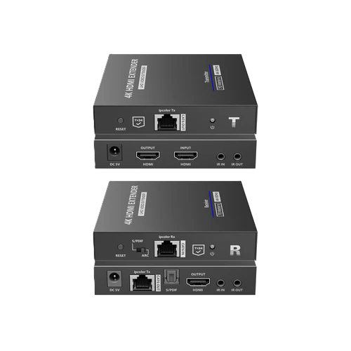 Two black 4K HDMI extenders on a white background