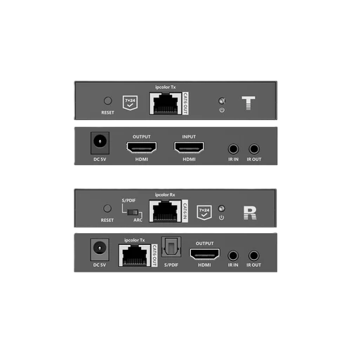 Three electronic device panels with various ports and labels on a white background