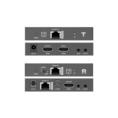 Three electronic device panels with various ports and labels on a white background