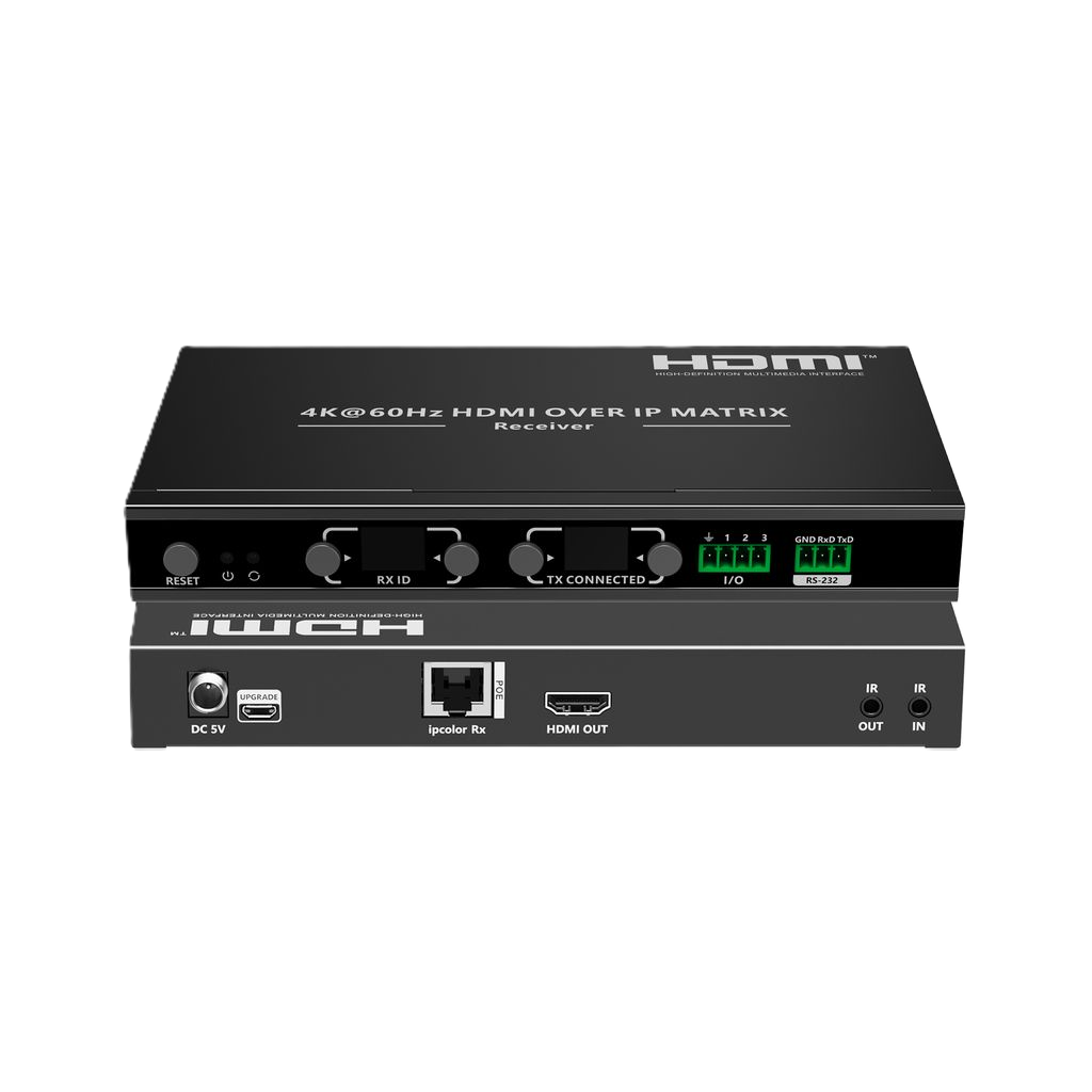 A black 4K@60Hz HDMI over IP matrix receiver and transmitter device shown from the front on a plain white background. The top unit is labeled 'HDMI' and the lower unit shows 'iWCH' branding with ports and control knobs.