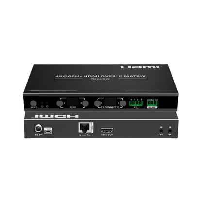 A black 4K@60Hz HDMI over IP matrix receiver and transmitter device shown from the front on a plain white background. The top unit is labeled 'HDMI' and the lower unit shows 'iWCH' branding with ports and control knobs.