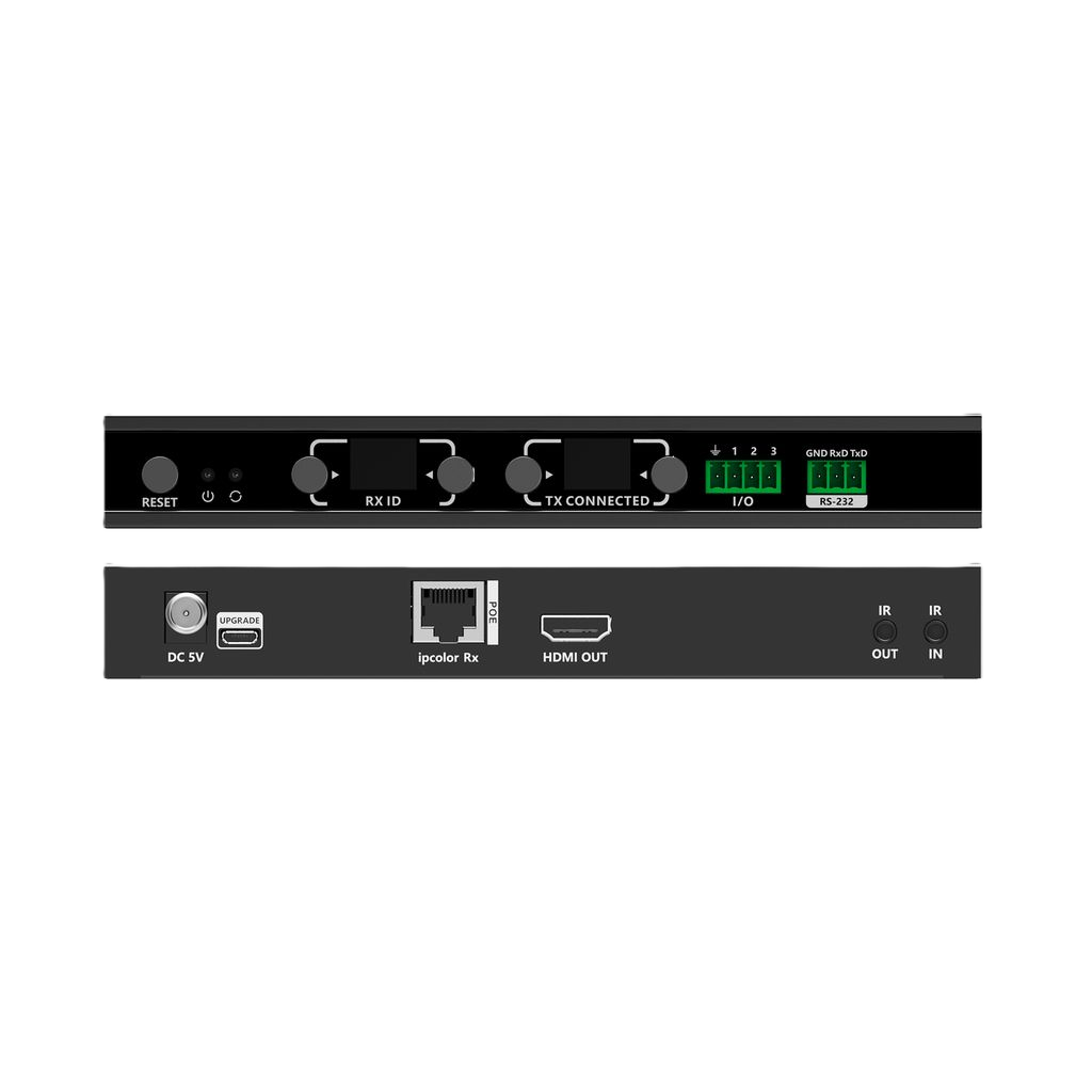A black electronic audio/intercom receiver or controller shown from two angles on a plain white background: the front panel with rotary knobs and a small green digital display, and the rear panel with ports including DC 5V, USB, speaker IN, HDMI OUT, and IN/OUT jacks.