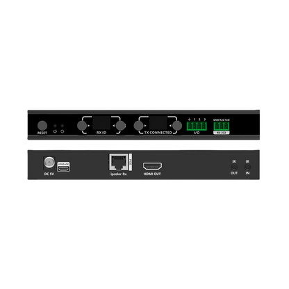 A black electronic audio/intercom receiver or controller shown from two angles on a plain white background: the front panel with rotary knobs and a small green digital display, and the rear panel with ports including DC 5V, USB, speaker IN, HDMI OUT, and IN/OUT jacks.