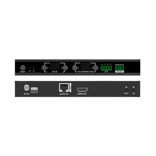 A black electronic audio/intercom receiver or controller shown from two angles on a plain white background: the front panel with rotary knobs and a small green digital display, and the rear panel with ports including DC 5V, USB, speaker IN, HDMI OUT, and IN/OUT jacks.