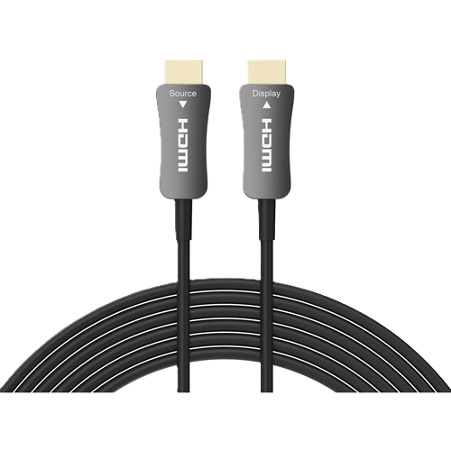 HDMI cable with source and display labels on gray connectors against a white background