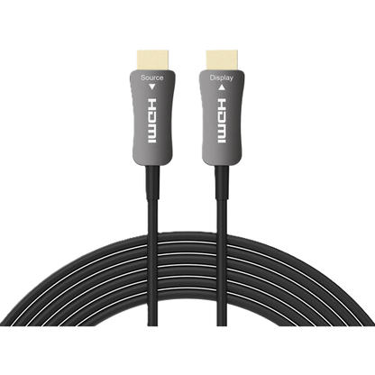 HDMI cable with source and display labels on gray connectors against a white background