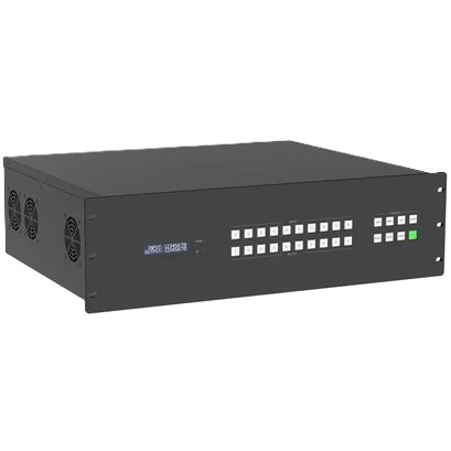A black rack-mountable electronic control unit with a front panel featuring multiple white buttons, a small blue display, and a green status light, shown on a plain white background.