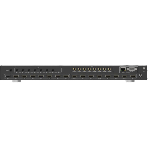 Back view of a black electronic device with multiple ports on a white background