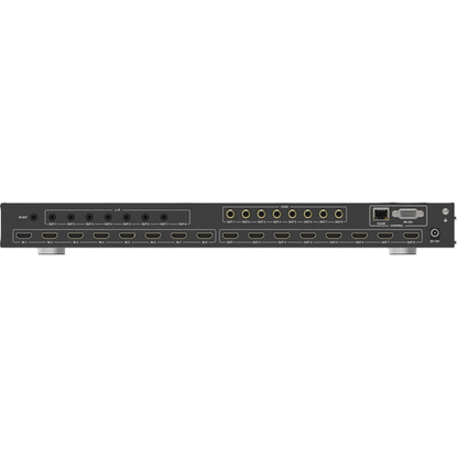 Back view of a black electronic device with multiple ports on a white background