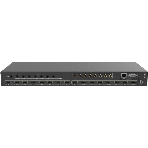 Back view of a black electronic device with multiple ports on a white background