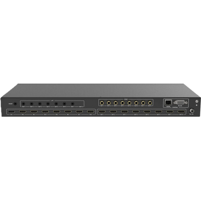 Back view of a black electronic device with multiple ports on a white background