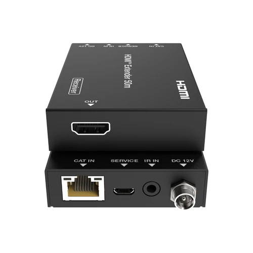 HDMI extender device with various ports on a white background