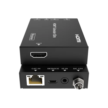 HDMI extender device with various ports on a white background