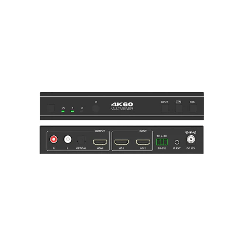 Black audio/video switcher with labeled ports on a white background