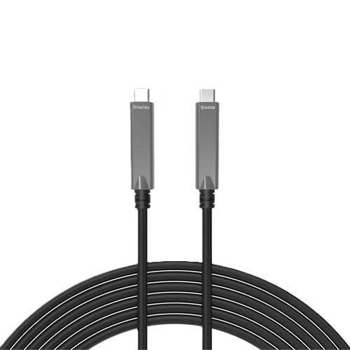A coiled black USB-C to USB-C cable with metallic gray connector housings, shown on a plain white background. The brand name 'Source' is visible on the connector ends.