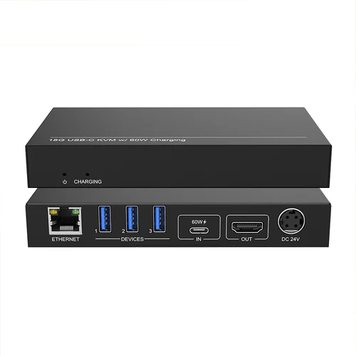 Black KVM switch with multiple ports on a white background