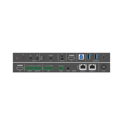 Back view of a DVDO-USBC-HDMI-PS-21-XL electronic device with various ports and labels on a white background