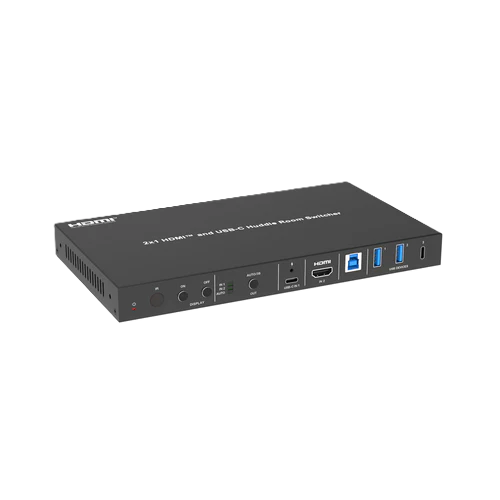 Black HDMI and USB-C KVM switch on a white background DVDO-USBC-HDMI-PS-21-XL