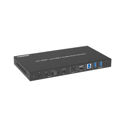 Black HDMI and USB-C KVM switch on a white background DVDO-USBC-HDMI-PS-21-XL