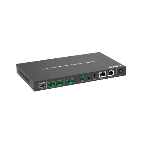 Network switch with multiple ports on a white background DVDO-USBC-HDMI-PS-21-XL