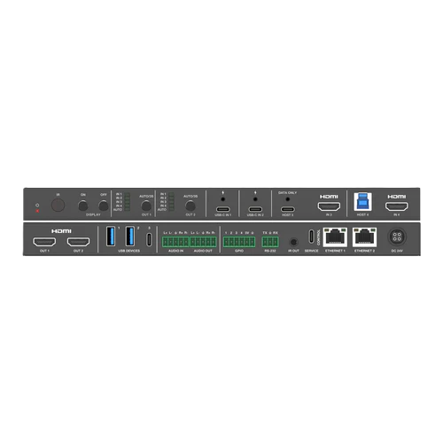 Back view of a digital device with multiple ports on a white background DVDO-USBC-HDMI-PS-42-XL