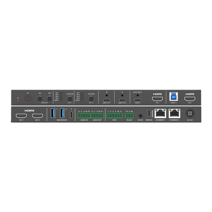 Back view of a digital device with multiple ports on a white background DVDO-USBC-HDMI-PS-42-XL