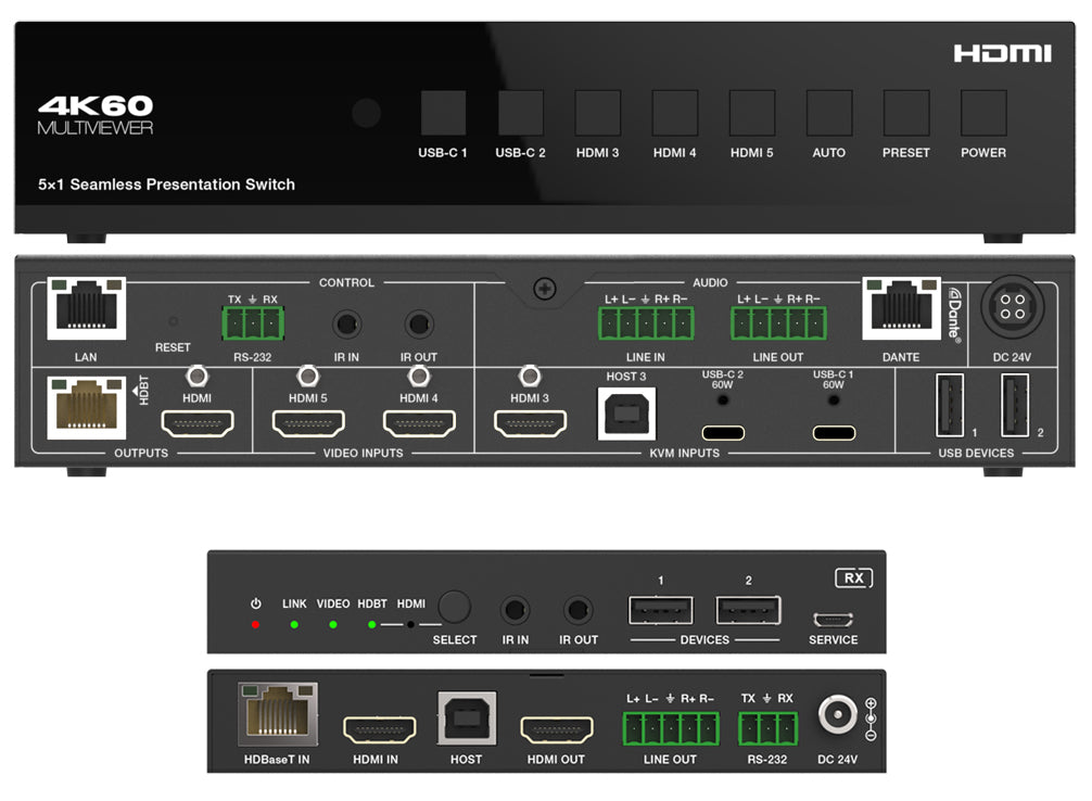 DVDO 4K 5x1 Seamless Presentation Switcher / Extender with USB-C & HDMI Inputs & Dante Port Overview Close Up