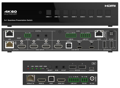 DVDO 4K 5x1 Seamless Presentation Switcher / Extender with USB-C & HDMI Inputs & Dante Port Overview Close Up