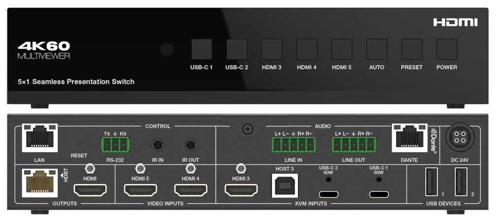 DVDO 4K 5x1 Seamless Presentation Switcher / Extender with USB-C & HDMI Inputs & Dante 