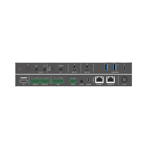 Back view of a computer hardware device with various ports on a white background