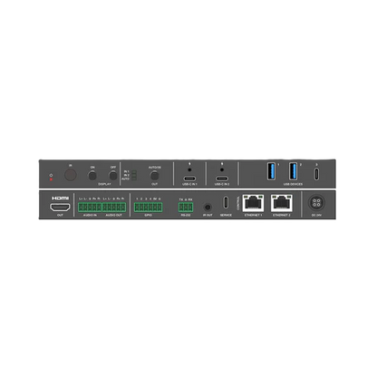 Back view of a computer hardware device with various ports on a white background