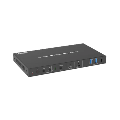 Black USB-C hub with multiple ports on a white background