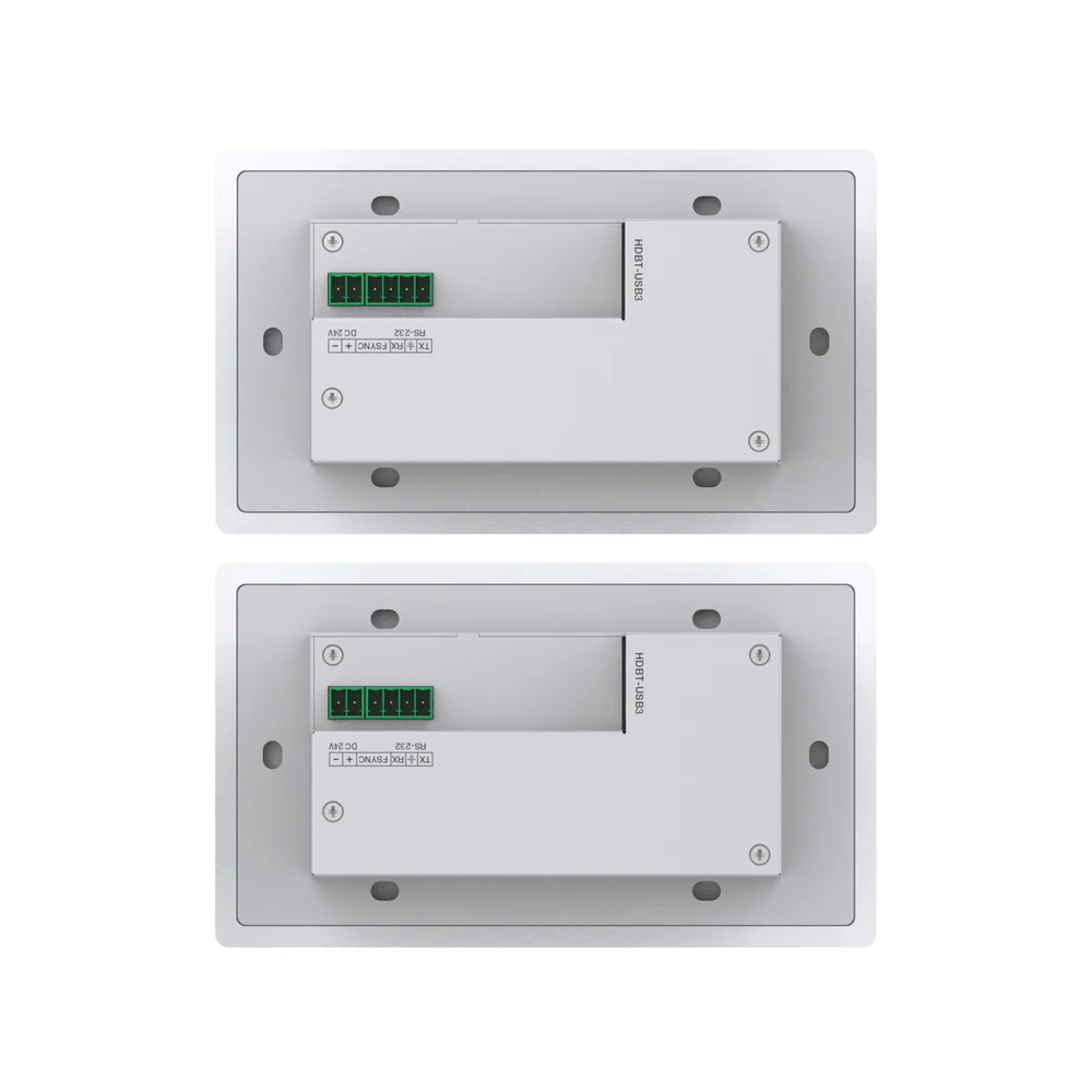 Two metallic wall-mounted devices with green indicator lights on a white background
